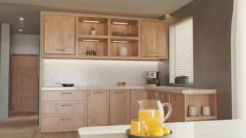 3D Render Interior Kitchen Wooden Cabinets Dining Table Decorations and Food