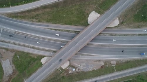 Aerial Top Down View of Highway Interchange Junction Road with Traffic