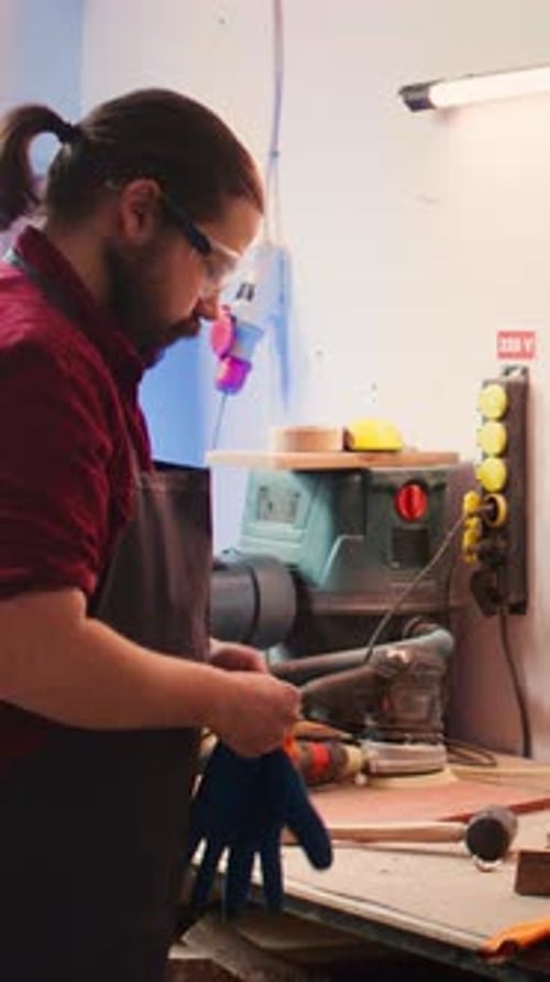 Vertical Video Carpenter in Woodworking Shop Putting on Protection Gloves