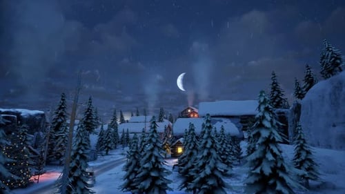 Peaceful Snowy Winter Village Night Scene with Christmas Lights