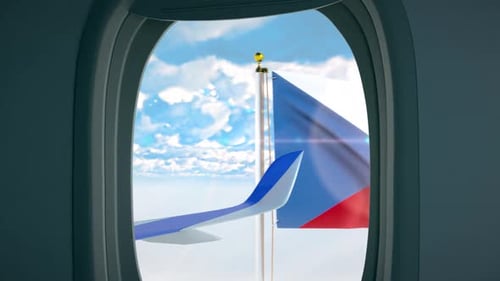 Czech Republic Flag Waving in Sky from Airplane Window