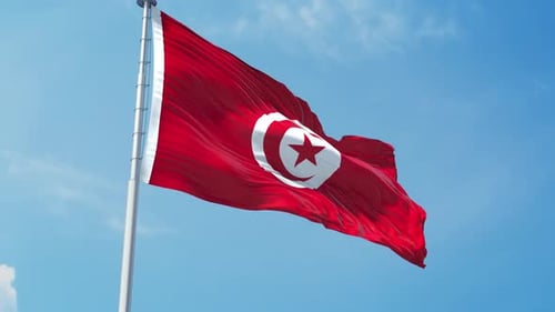 Tunisia Flag Waving in Realistic Slow Motion Against Blue Sky