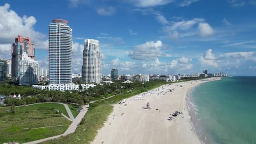 Aerial View on Beach in Miami Beach Paradise South Pointe Park and Pier Top View on South Miami