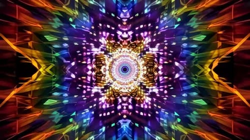 Lebendiger Kaleidoskop-VJ-Loop mit leuchtender neonfarbener Mandala-Patte