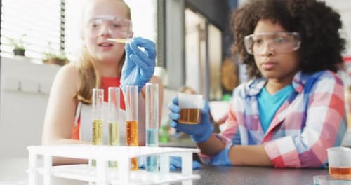 Diverse happy schoolchildren having science class in school lab