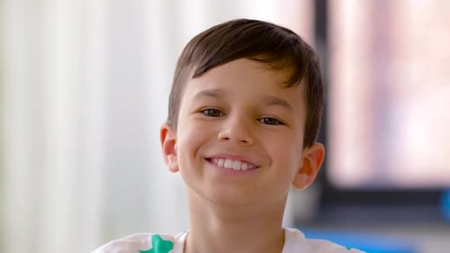 Smiling Boy with Brown Hair in Indoor Setting