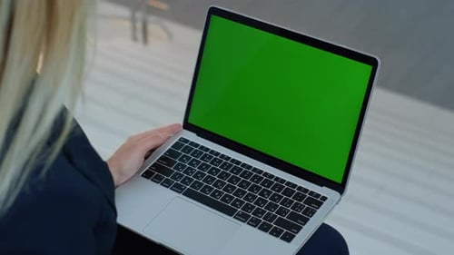 Employee Reading Email Chroma Key Laptop Sitting Corporate Workplace Closeup
