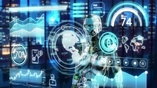 Ai Fintech Robot Hud Data Analysis Futuristic Interface Loop 4K