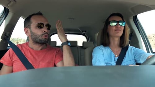 Jovem casal brigando, discutindo no carro, mulher dirigindo adulto