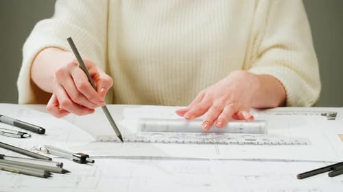 Architect Designer Drawing Plan Blueprint Closeup