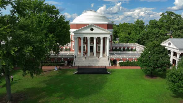 University of Virginia, UVA campus grounds. Rising aerial reveal of ...