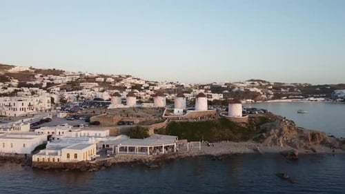 Aerial video over Little Venice, the old town in Mykonos