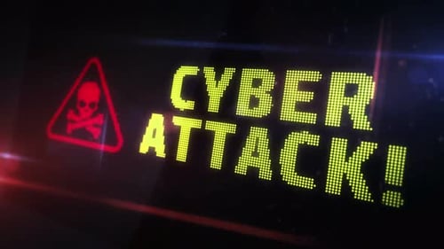 Digital Cyber Attack Warning Alert Text with Skull Symbol