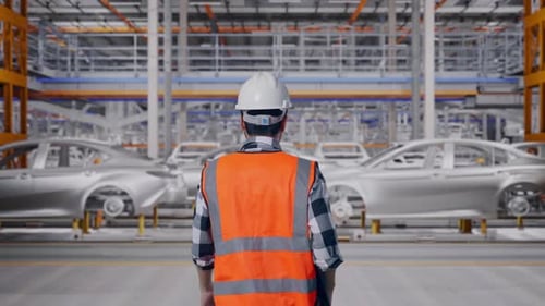 Dos d'un ingénieur asiatique tenant une tablette en marchant dans une usine automobile
