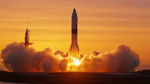 Dynamic Rocket Launch from Launchpad at Sunset