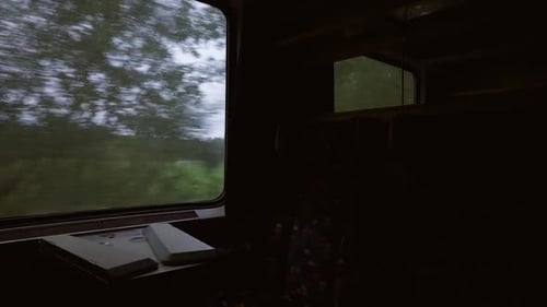 Personal POV From Train Riding Along Green Meadow on Spring Summer Day View From Inside of Trip