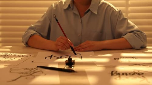 Kalligrafie. Frau mit Pinsel schreibt Satz Keep Going auf ein Blatt Papier am Tisch drinnen, Nahaufnahme