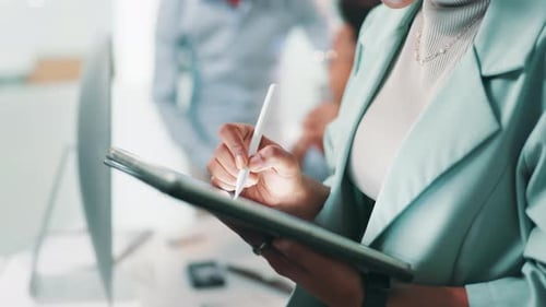 Woman, web designer and writing with tablet for UI testing, UX or app development at office