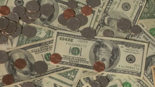 Pile of American Currency, Bills and Coins
