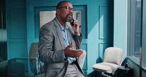 Phone call, smile and planning with business black man in office for contact