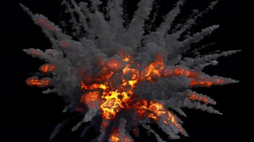 Explosion with fire and smoke falling, close view
