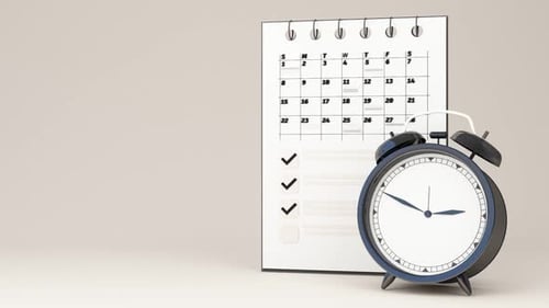 3D Time Management Concept with Calendar and Alarm Clock