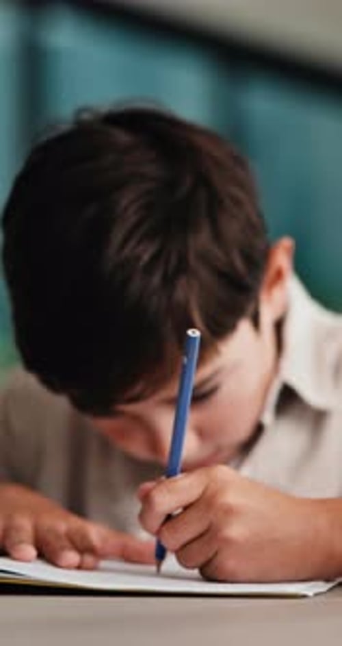 Kid, student and writing in notebook at house for education, studying and exam preparation