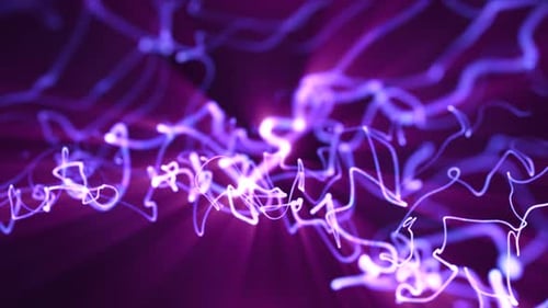 Glowing abstract purple light trails forming flowing wave patterns on a futuristic background