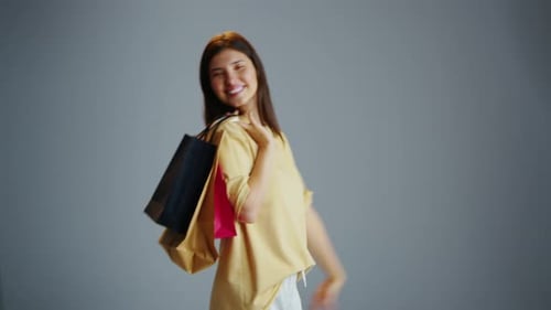 Shopaholic Woman Walk with Many Colorful Shopping Bags Lots Packages Addiction