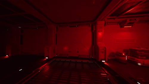 Tense Scifi Scene Depicting Cargo Bay with Hazards and Ominous Atmosphere