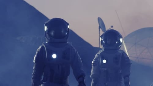Astronauts Explore Alien Planet Surface at Sunrise