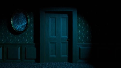Dark room with an open wooden mystery door