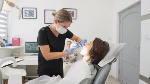 Dentist examining patient teeth in bright modern office