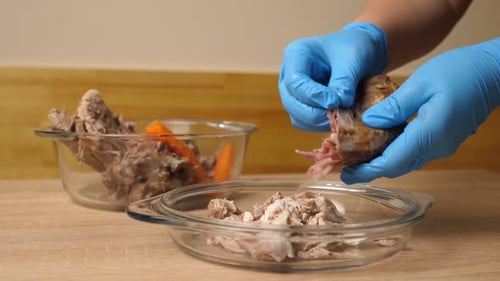 Hands in Gloves Pulling Meat Off the Bone