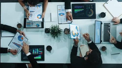 Top view of business people discussing about financial strategy. Directorate.