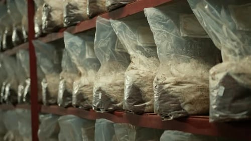 Pilzfarm, Anbau und Anbau von Pilzen in Plastiktüten und organischen Bodenmaterialien auf Regalen