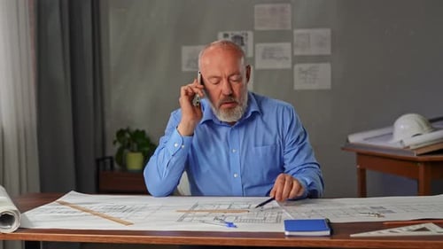 An Architect Sits in an Office at a Desk with Blueprints