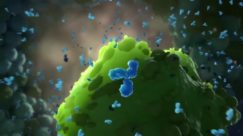 Vibrant green cell with blue particles in microscopic view