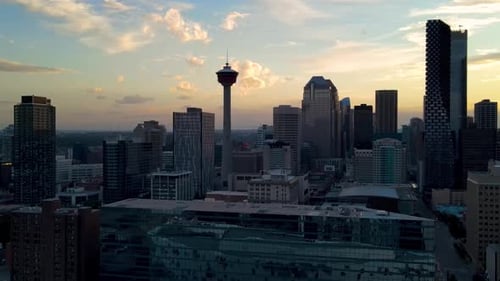 Downtown Calgary buildings at sunset.