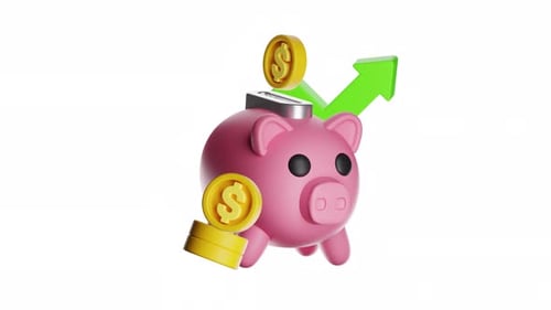 3D Animation of a Piggy Bank with Coins and Growth Arrow