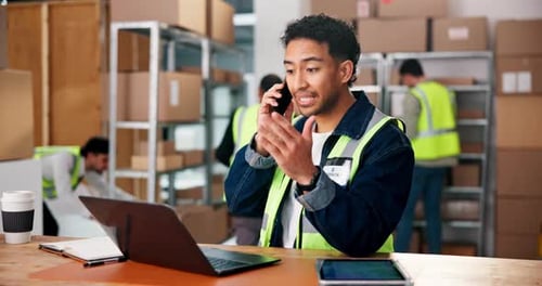 Logistics, phone call and tablet with man in warehouse for delivery, distribution or shipping