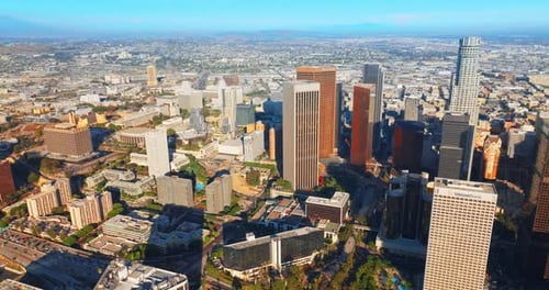 Financial downtown of sunny Los Angeles. Diverse skyscrapers and multi-storied buildings