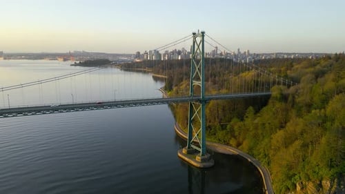 Aerial View of Lions Gate Bridge and Stanley Park at Dawn Canada
