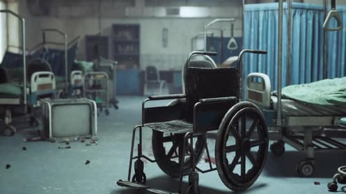 Abandoned Hospital Room Filled with Empty Beds and a Solitary Wheelchair