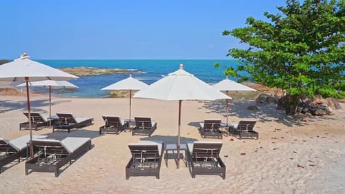 White sand beach with free comfortable lounges and white umbrellas near the ocean or sea during brig