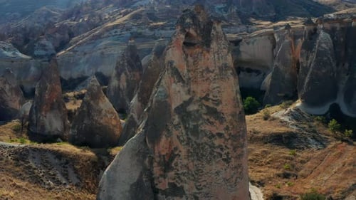 Fairy Chimney rock formations in Goreme, Turkey. Aerial pan shot