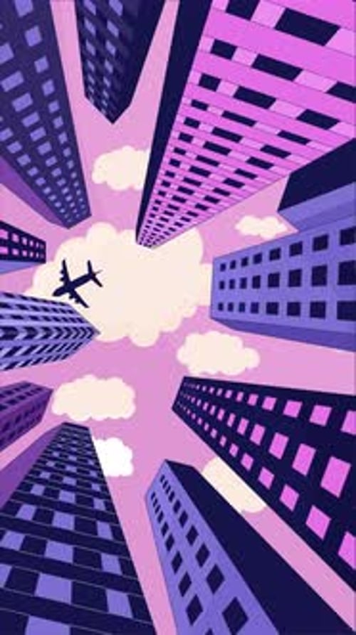 Lofi city skyscrapers upward view plane flying vertical animation