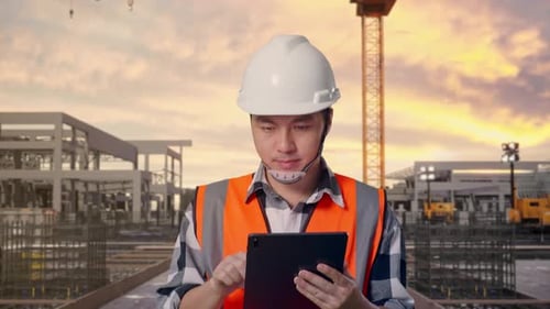 Asian Male Use Tablet While Walking at Construction Site