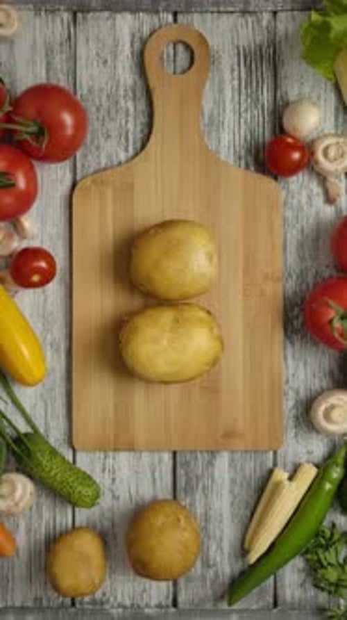 Vertical of Two Fruits of Potatoes Lie on a Cutting Board Men's Hands Taking Potato Simultaniosly