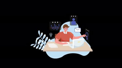 Modern Animation of a Business Person Working on Laptop with Digital Icons